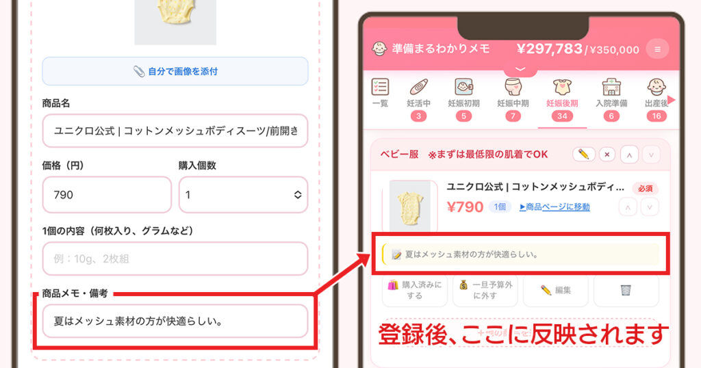 商品メモを入力すると反映される場所