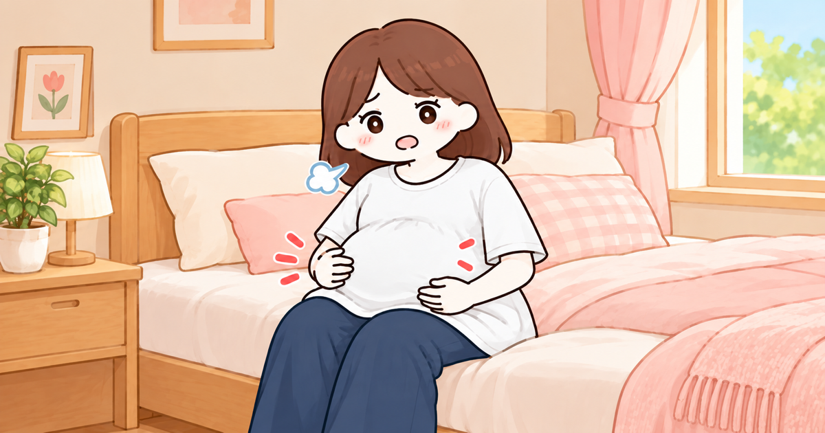 お腹の張りと圧迫感で苦しそうな妊婦のイラスト