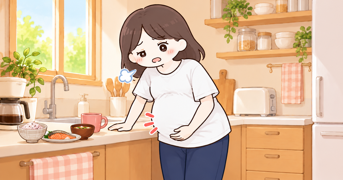 朝ごはんの準備中にお腹が張って苦しくなる妊婦のイラスト