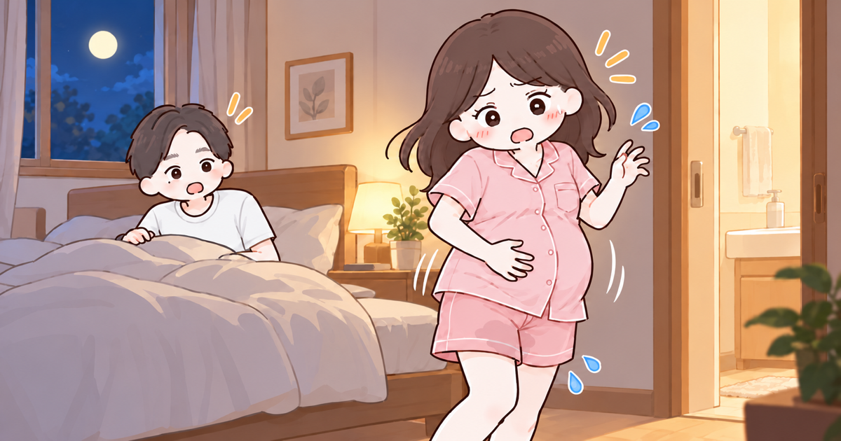 ベッドから立ち上がった瞬間に破水して慌てる妊婦と、驚く夫のイラスト