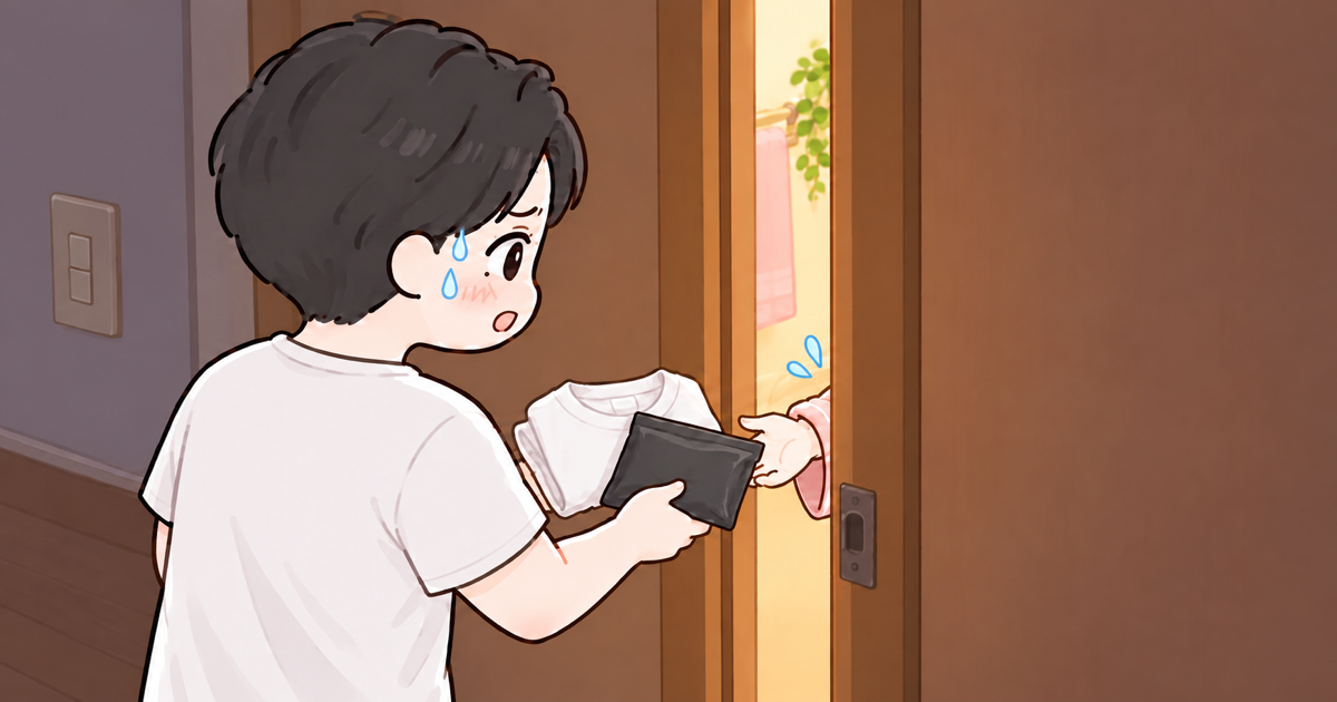 トイレの扉越しに着替えと使い捨てショーツを手渡す夫のイラスト