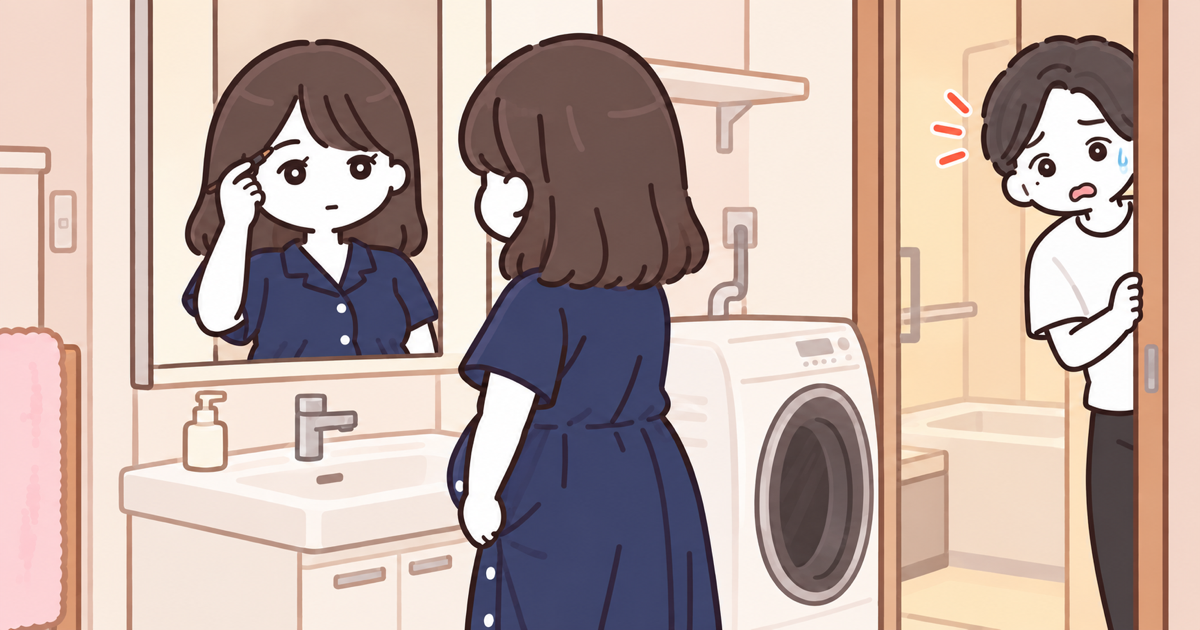 タクシーを待つ間に、洗面所の鏡の前で眉毛を描く妊婦と、驚いてのぞく夫のイラスト