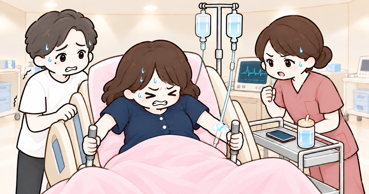 ベッドの両側のハンドルを握り、おへそを見るようにして力いっぱいいきむ妊婦のイラスト