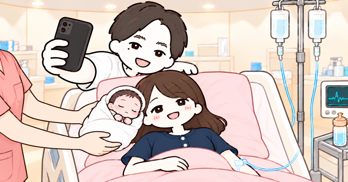 夫のスマホのインカメラで、生まれた赤ちゃんと夫婦3人で写真を撮るイラスト
