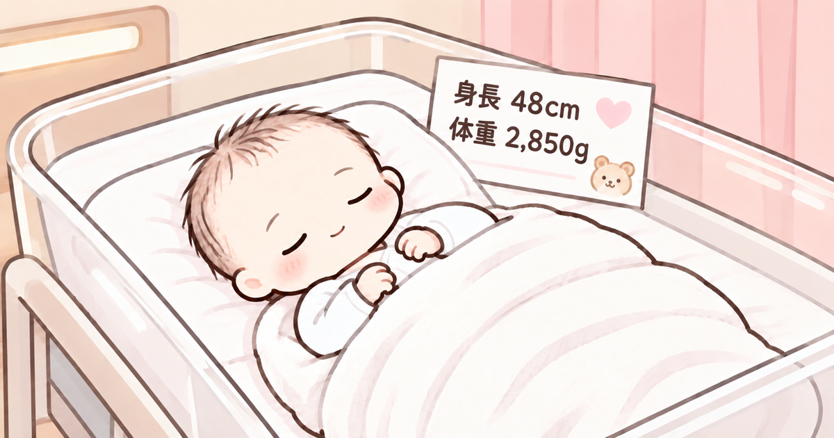 白い服とタオルに包まれた生まれたばかりの赤ちゃんと、身長48cm・体重2,850gと書かれた紙のイラスト